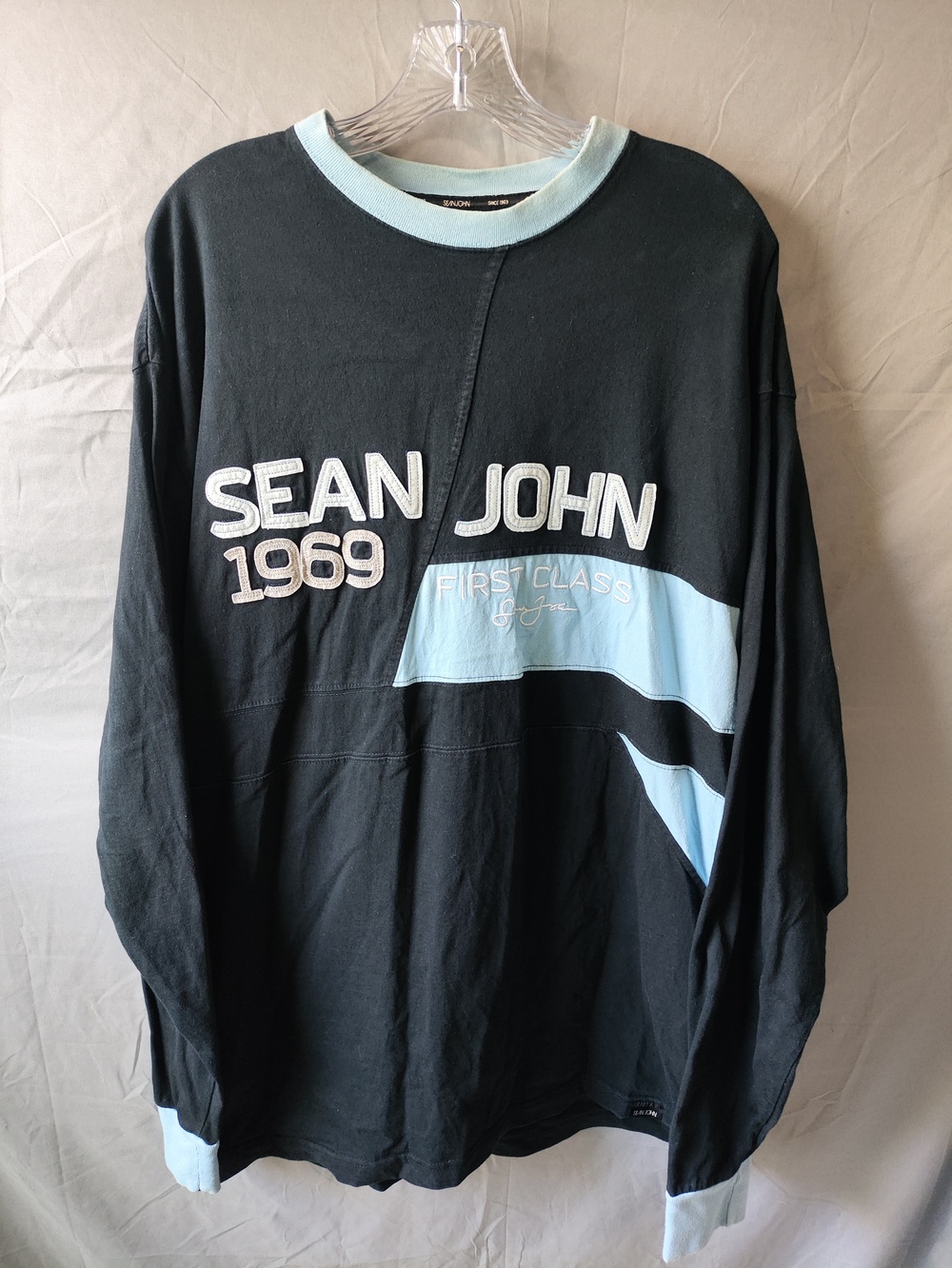 Sean John Shirt Mens XL Black Blue Long Sleeve 1969 First Class Graphic Pullover